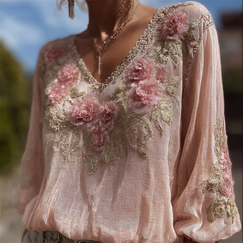 Boho Pink Floral Lace V Neck Flowy Linen Tunic elevenforest