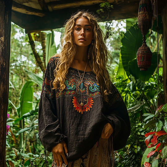 Comstylish Retro Bohemian Resort Art Embroidery Print Cotton And Linen Blend Loose Blouse