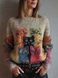 Vintage Colorful Crowded Cats Fuzzy Cozy Knit Sweater