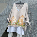 Women's Cute Bunny Floral Embroidery Pattern Linen Blend Shirt artswardrobe