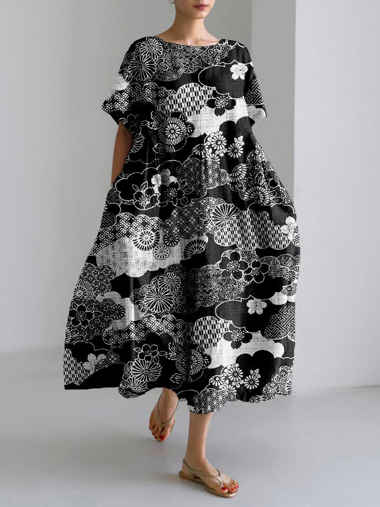 Comstylish Cherry Blossom Clouds Japanese Art Linen Blend Maxi Dress