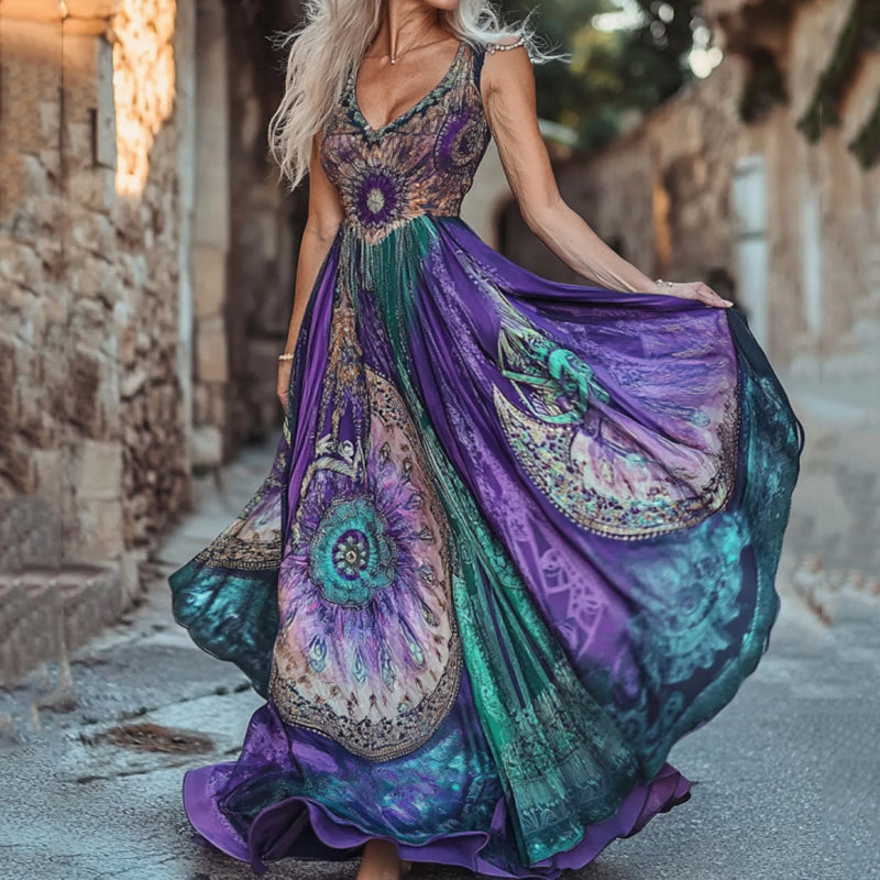 Vintage Boho Gradient Tribal Pattern Cotton Linen V Neck Mixi Dress artswardrobe