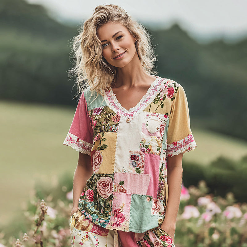 Women's Holiday Embroidered Floral Patchwork T-shirt artswardrobe
