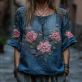 Women's Pink Flower Blue Tie-dye Short-sleeved Shirt artswardrobe