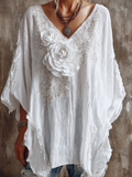 Comstylish Retro White Rose With Sparkle Women's V-neck Top