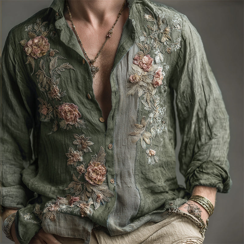 Men's Vintage Floral Embroidered Breathable Linen Shirt artswardrobe