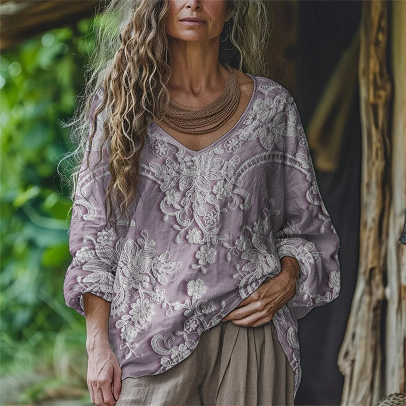 Boho Floral Embroidered Lace Flowy Linen Tunic artswardrobe