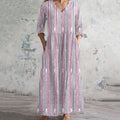 Women's Vintage Blue And Red Striped Independence Day V-neck Linen Blend Maxi Dress artswardrobe