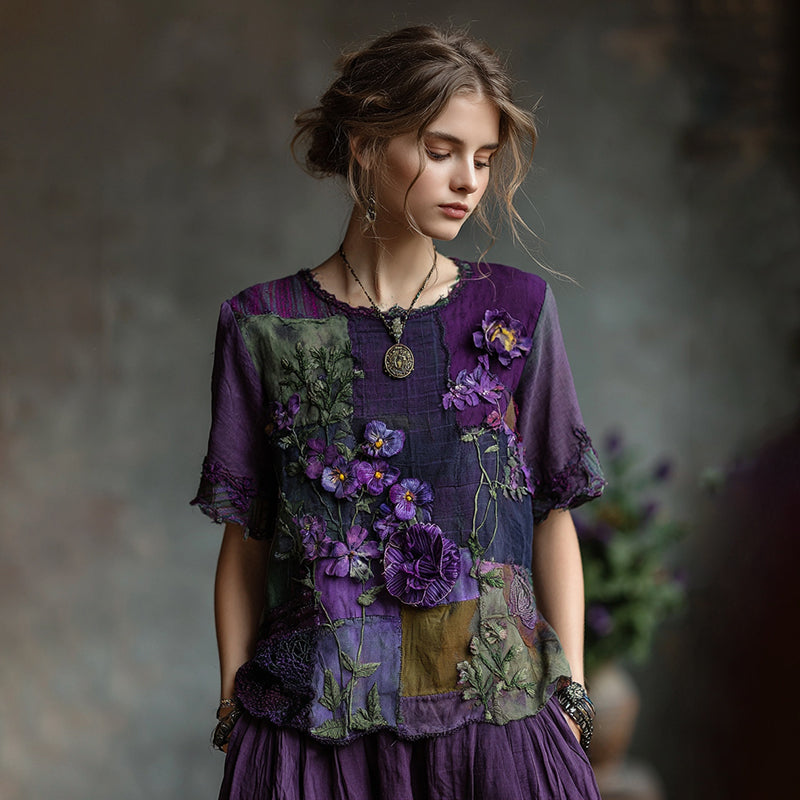 Women's Embroidered Pansy Floral Patchwork Check Short Sleeve T-shirt artswardrobe