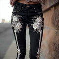 Comstylish Skeleton Pink Roses Beaded Embroidered Dark Washed Jeans