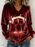 Comstylish Christmas Red Wine Glass Pattern V Neck Cozy Plush Sweatshirt