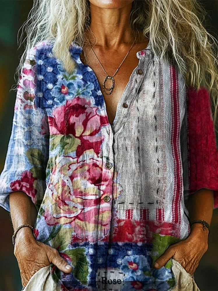 Women's Vintage Flag Floral Art Print Casual Cotton Linen Shirt
