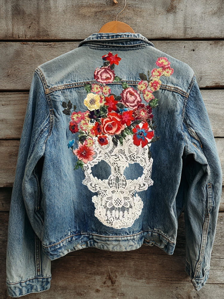 Comstylish Halloween Lace Skull Retro Washed Denim Jacket