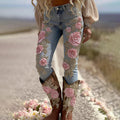 Women's Vintage Rose Floral Embroidery Art Loose Jeans artswardrobe
