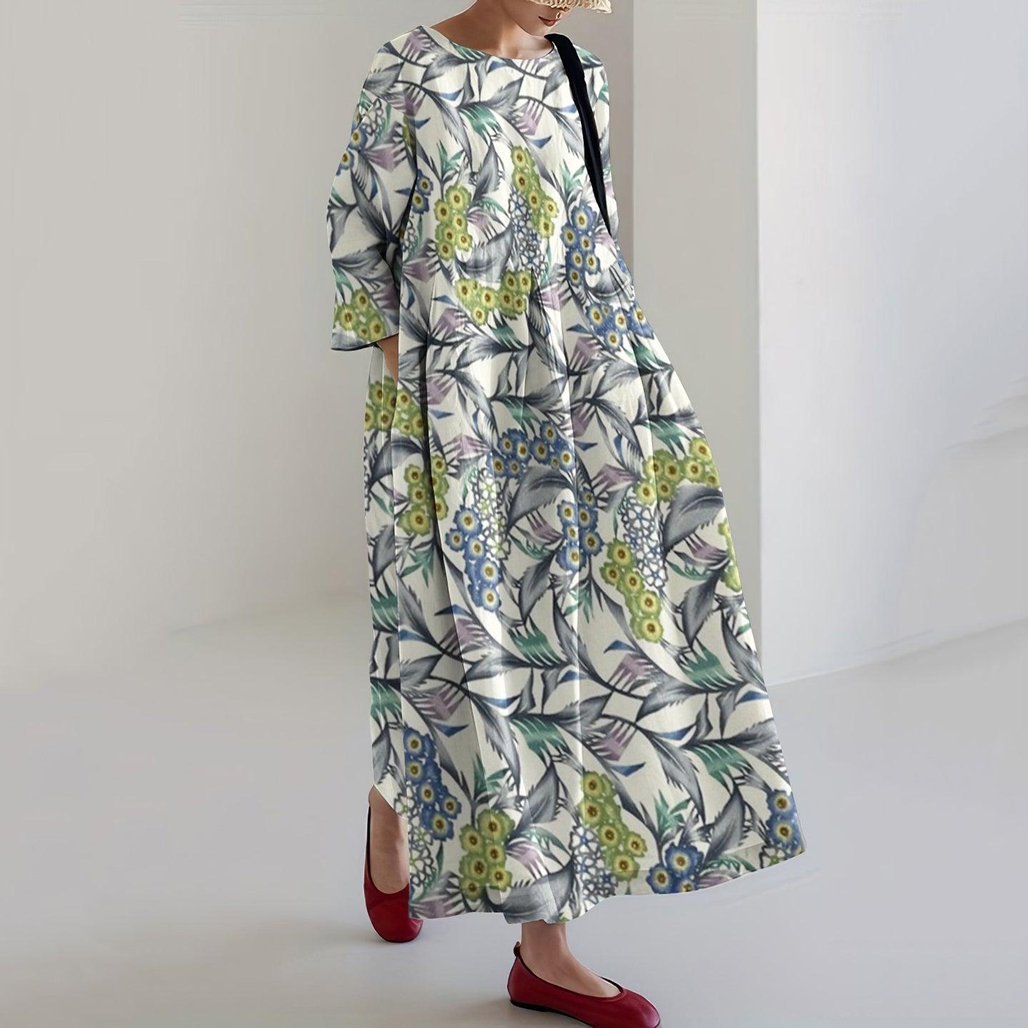 Comstylish Japanese Art Print Round Neck Midi Dress