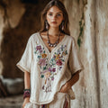 Women's Floral Embroidery V Neck Casual Linen Top artswardrobe