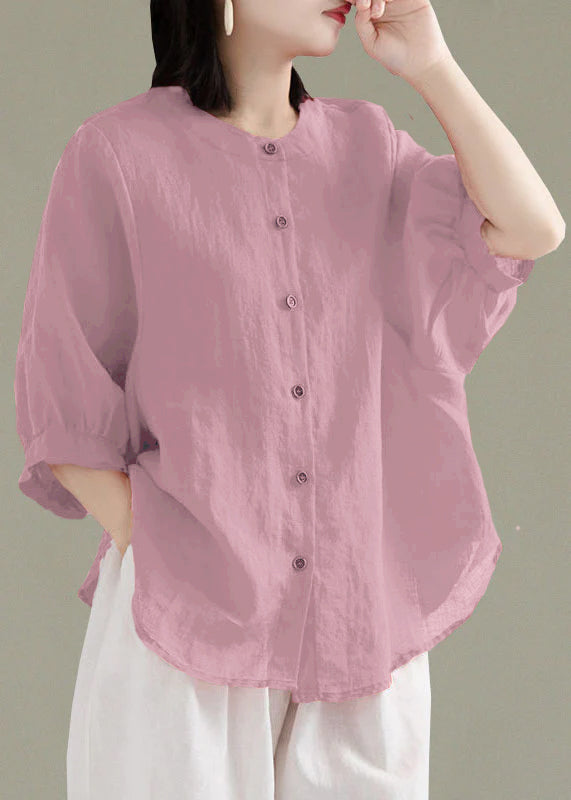 Art Red O-neck Button Linen Loose Shirt Top Lantern Sleeve