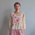 Comstylish Boho Pink Floral Embroidered Patchwork Linen Shirt