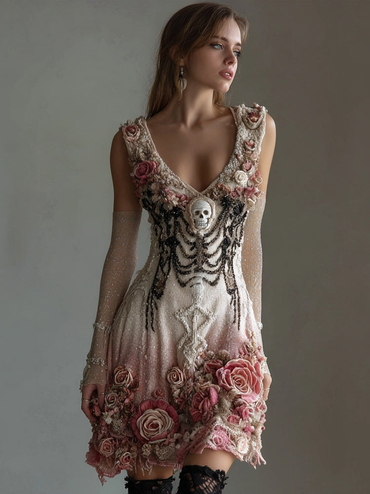 Comstylish Vintage Skull Roses Glitter Gradient V Neck Mini Dress