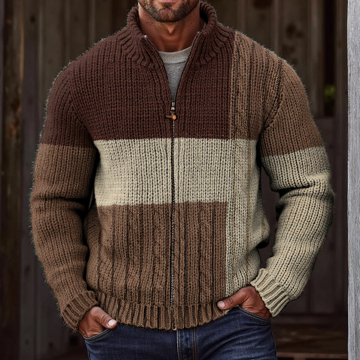 Men'S Vintage Color Block Knitted Jacquard Zipper Cozy Sweater Cardigan artswardrobe