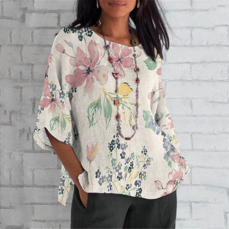 Comstylish Elegant Japanese Art Floral Print Crew Neck Casual T-Shirt