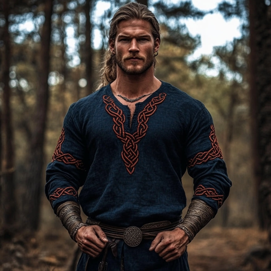 Men's Vintage Viking Celtic Knot Totem Linen V-neck Shirt artswardrobe