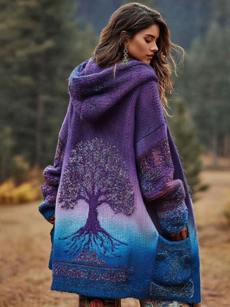 Comstylish Women's Viking Floral And Life Of Tree Art Knitted Cozy Hooded Cardigan