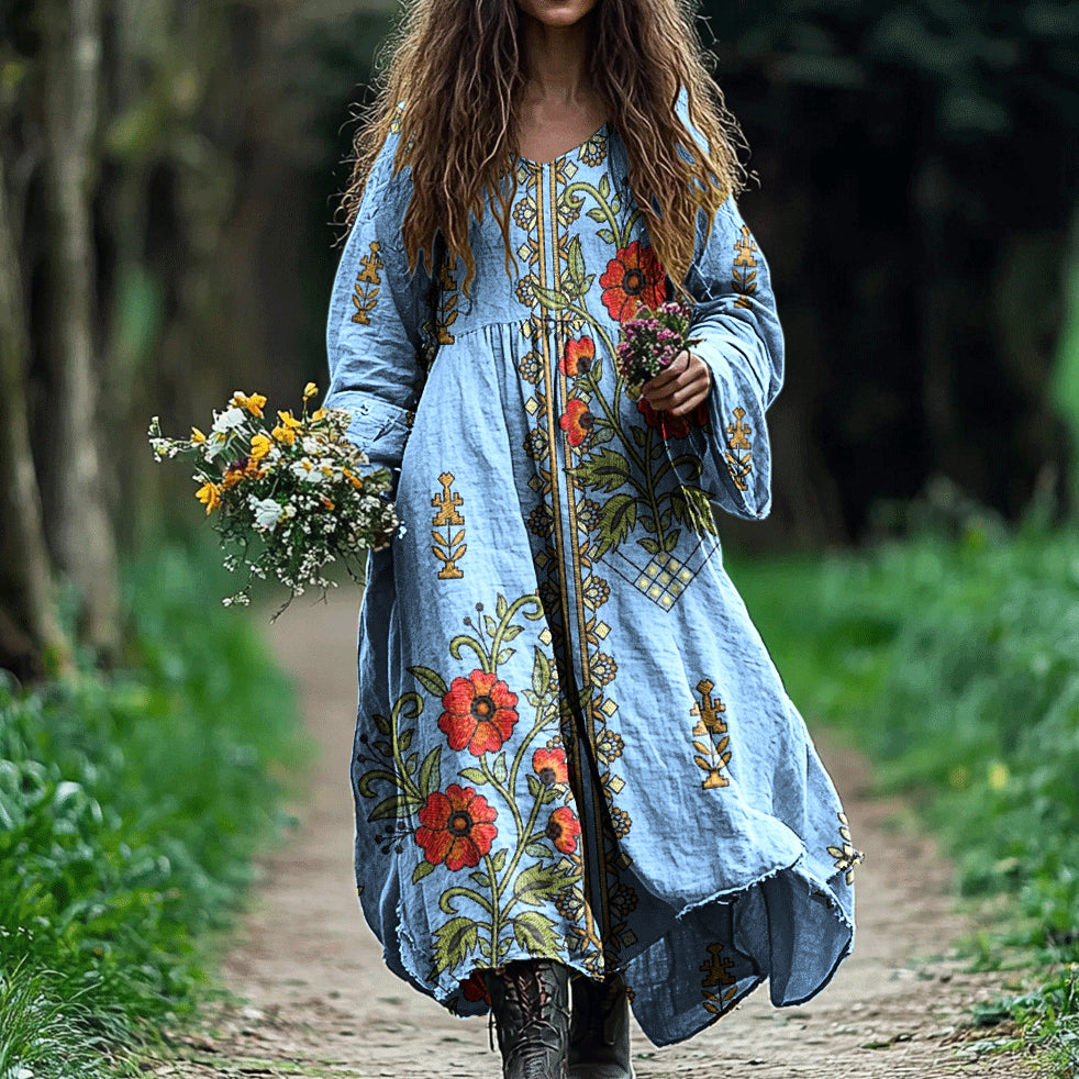 Vintage Ethnic Floral Linen Long Sleeve Dress artswardrobe