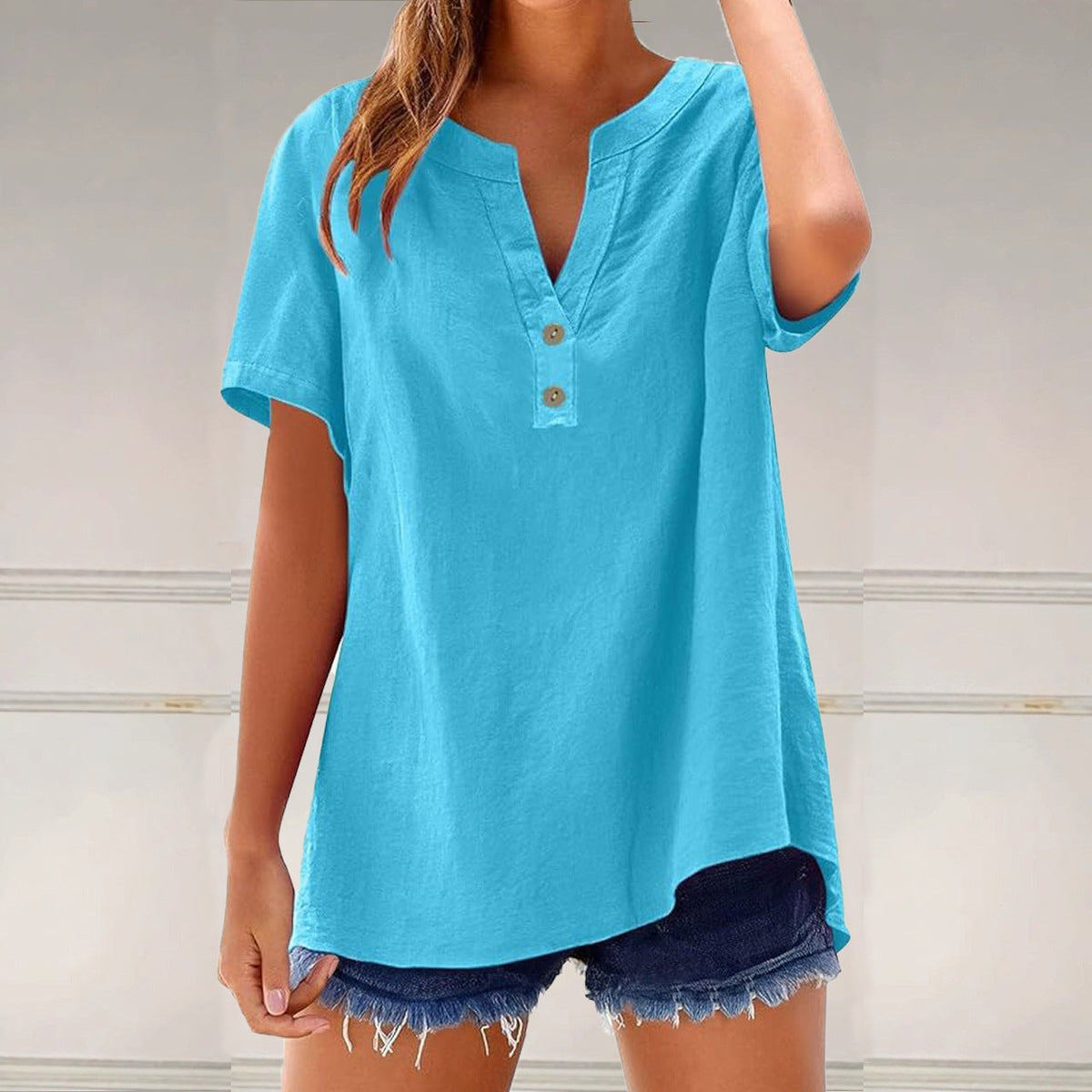 Comstylish Solid Color Linen Blended V-neck Loose Blouse