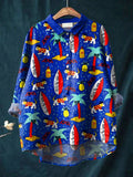 Vintage Lovely Surfing Dog Art Print Casual Cotton And Linen Shirt