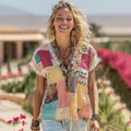 Women's Vintage Floral Color Block Linen Short Sleeve T-shirt