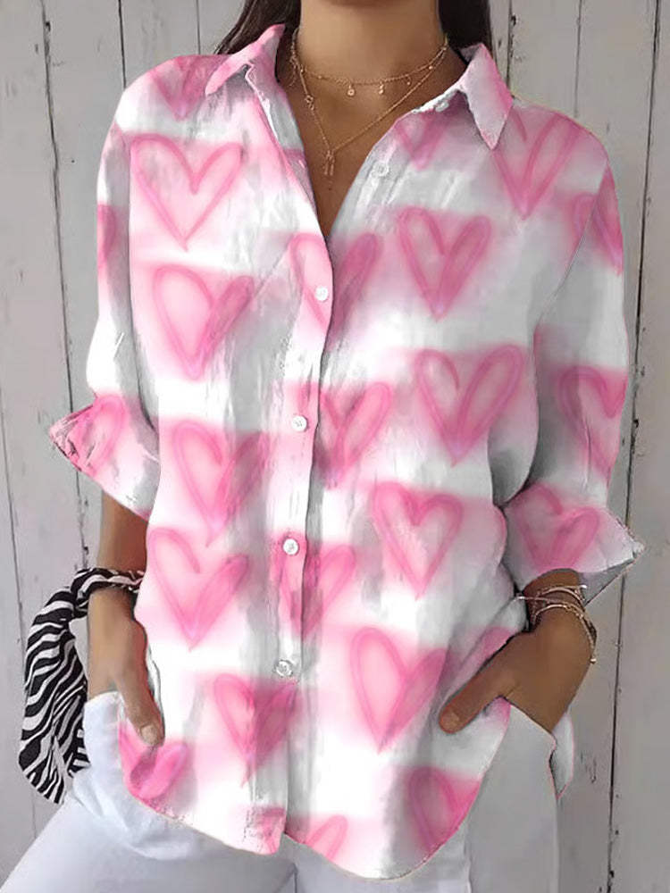 Comstylish Women's Retro Pink Love Art Print Casual Shirt