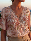 Women's Casual Retro Bohemian Embroidered Floral Print Top artswardrobe
