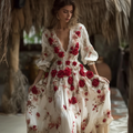 Bohemian Style Red Rose Retro Cotton And Linen Woman's V-neck Dress elevenforest