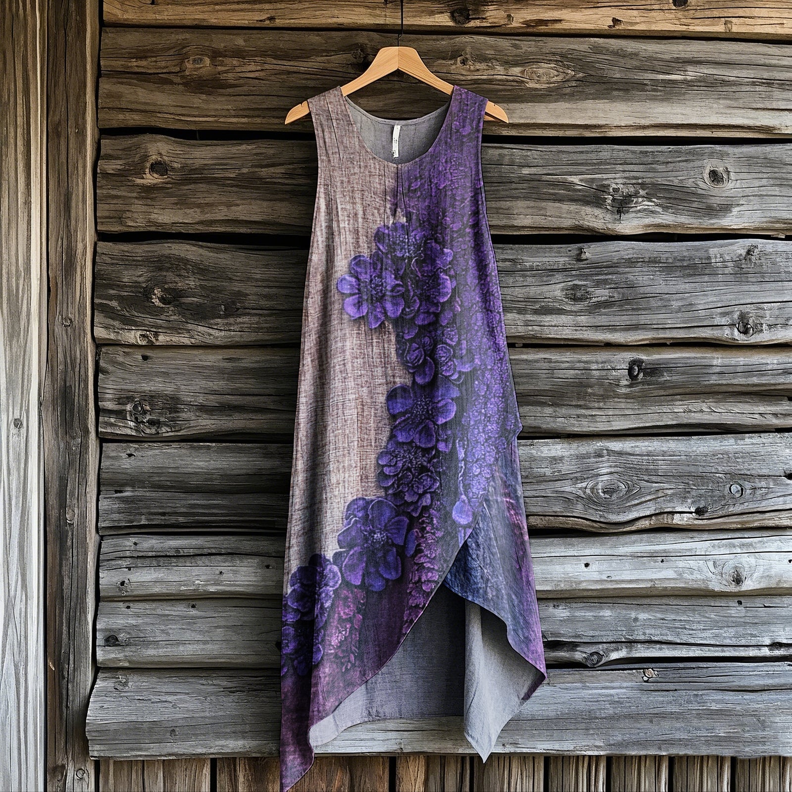 Women's  Bohemian Purple Flowers Art Irregular Design Sleeveless Dress artswardrobe