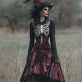 Comstylish Halloween Skeleton Scarlet Roses Lace Trim Linen Maxi Dress