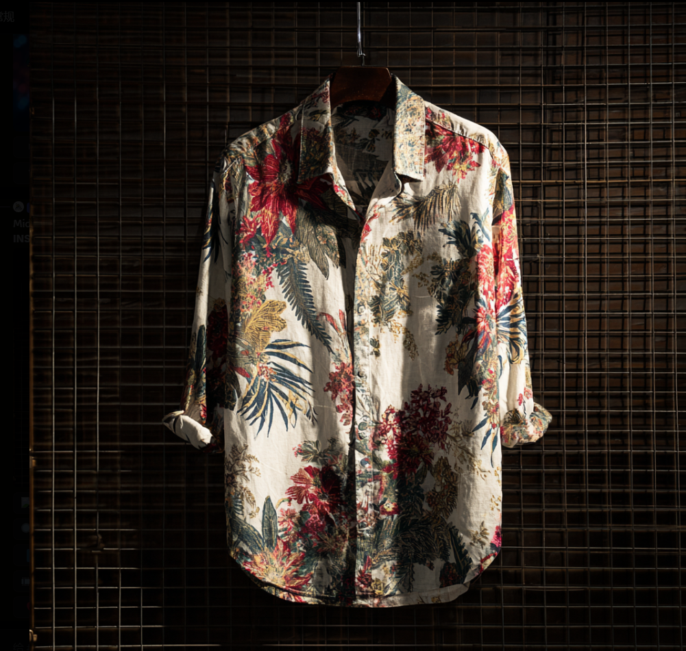 Bohemian Style Plant And Flower Pattern Men's Retro Cotton And Linen Shirt artswardrobe