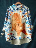 Ginger Cat Botanical Art Linen Blend Cozy Shirt elevenforest
