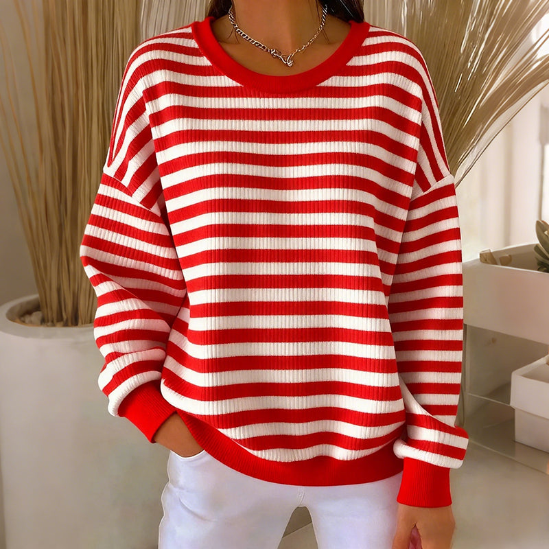 Comstylish Women's Cologne Striped Print Crew Neck Casual Sweatshirt
