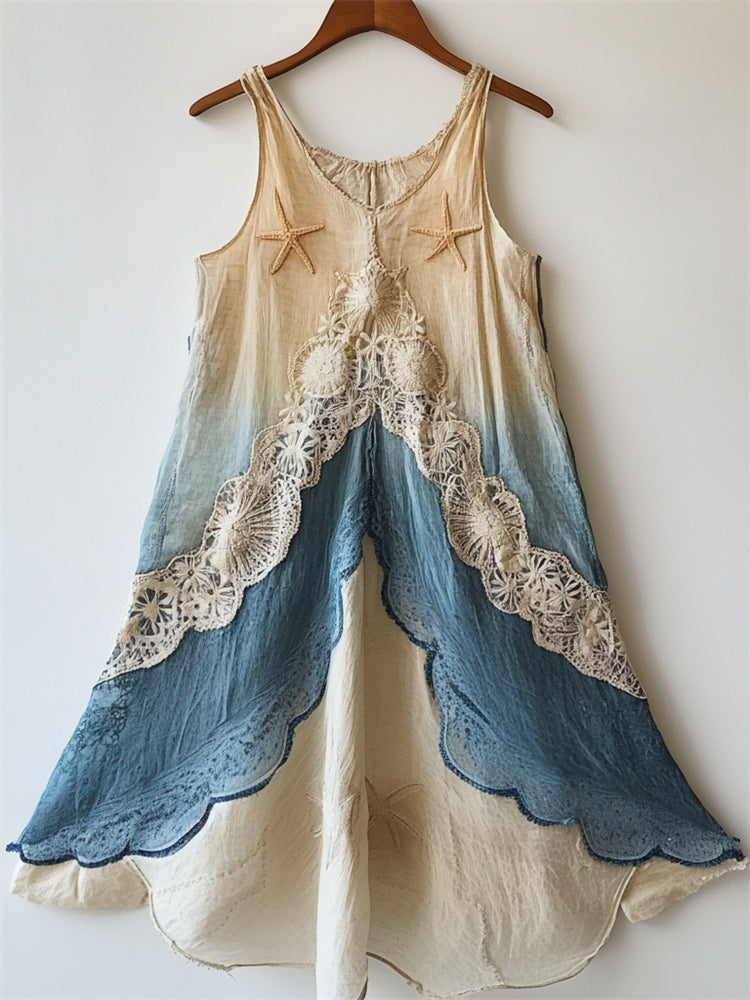 Starfish Embroidered  Sea Shell Lace Waves Gradient Flowy Linen Dress artswardrobe