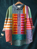 Women’s Colorful Patchwork Striped Cotton Linen Blouse artswardrobe