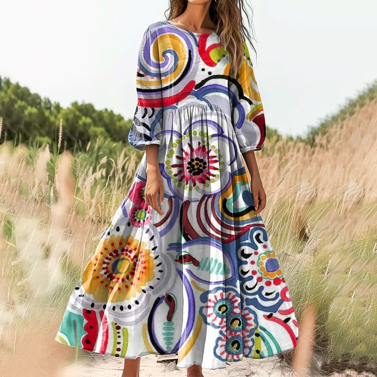 Women's Floral Art Print Cotton Crew Neck Dress