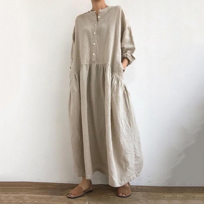 Women's Solid Color Button Cotton Linen Midi Dress artswardrobe