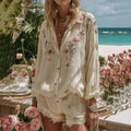 Vintage Floral Embroidery Pattern Art Linen Comfy Button Shirt artswardrobe