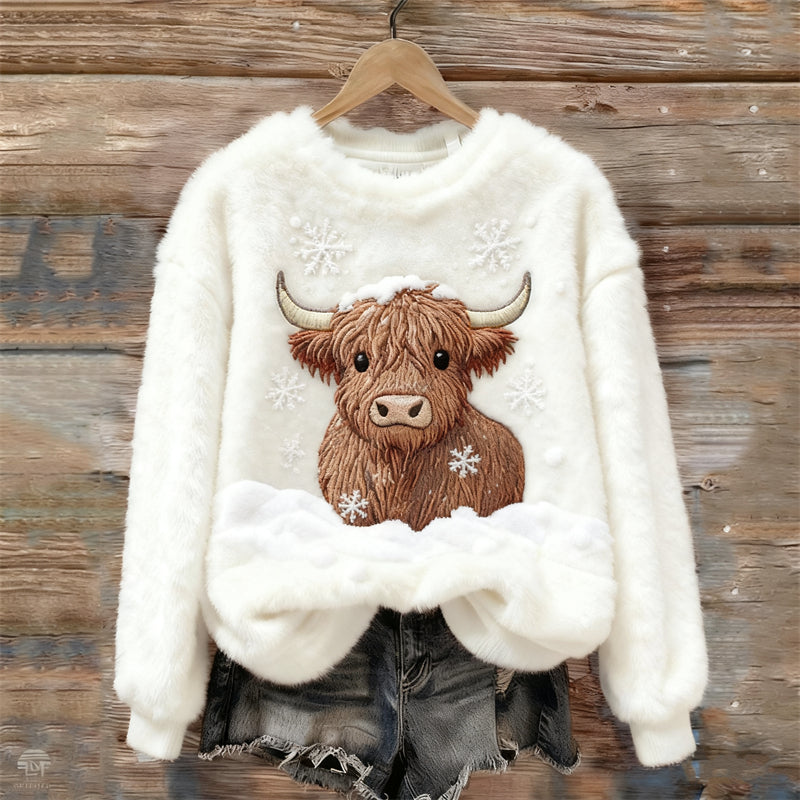 Comstylish Highland Cow & Snow Embroidered Cozy Plush Sweatshirt