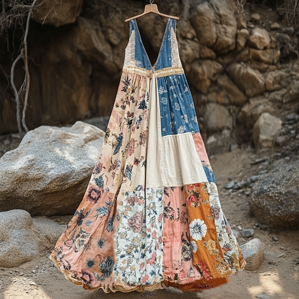 Comstylish Women's Vintage Bohemian Denim Patch Sleeveless Dress