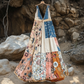 Women's Vintage Bohemian Denim Patch Sleeveless Dress artswardrobe