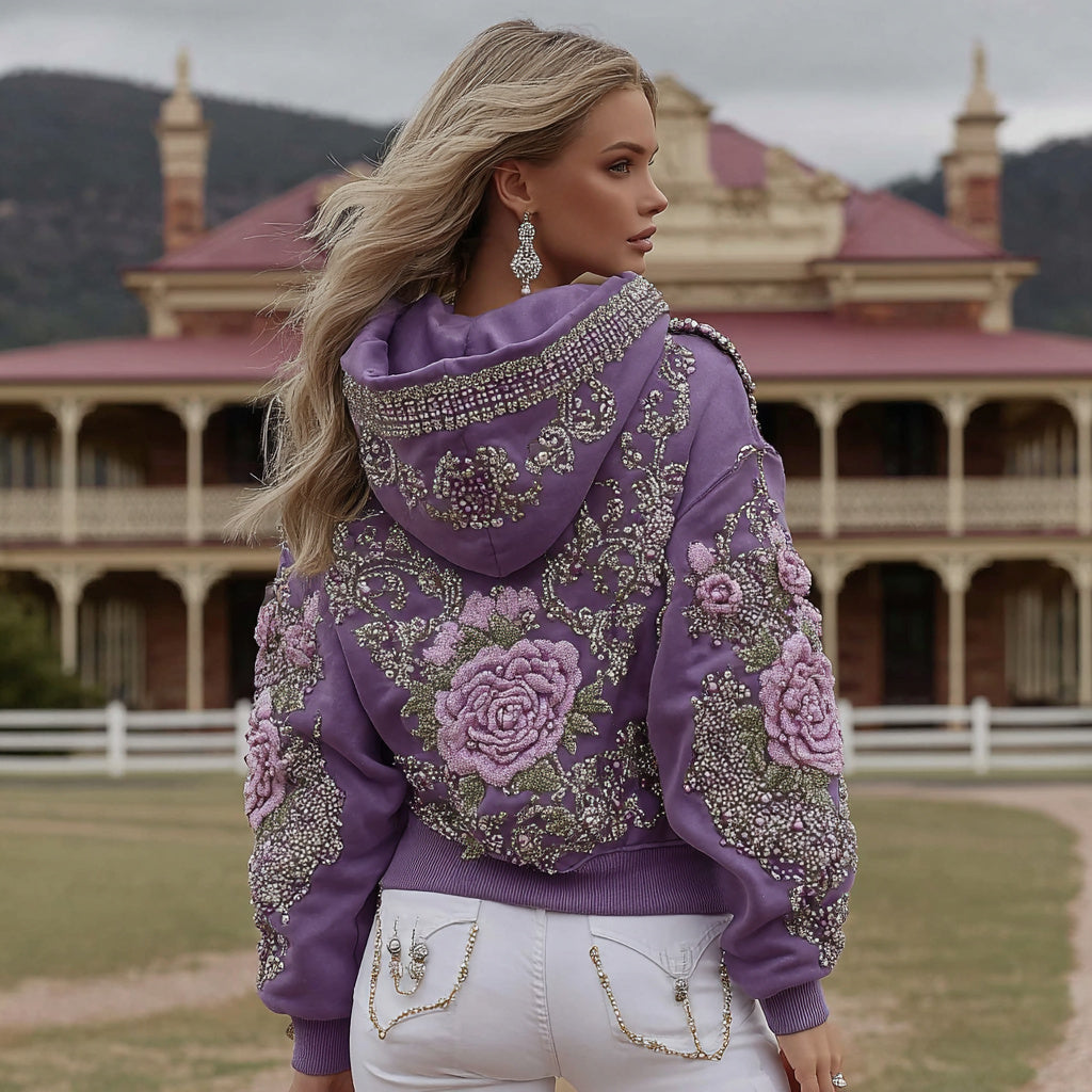 Women's Retro Purple Rose Art Pattern Casual Hoodie artswardrobe