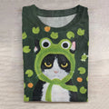 Abstract Creative Cute Cool Cat With Frog Hood Art Print Cotton Graphic T-shirt elevenforest