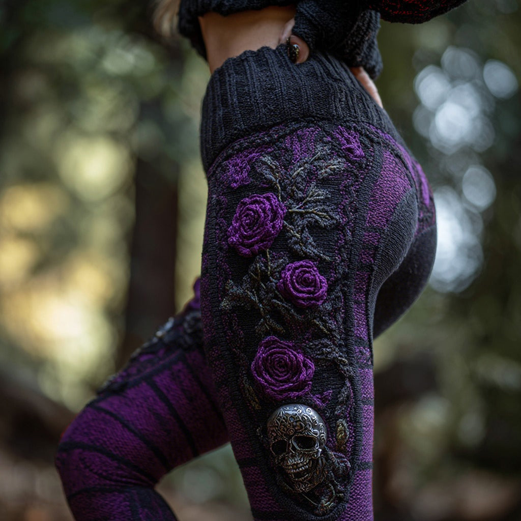 Women's Vintage Sugar Skull And Rose Pattern Comfortable Leggings elevenforest